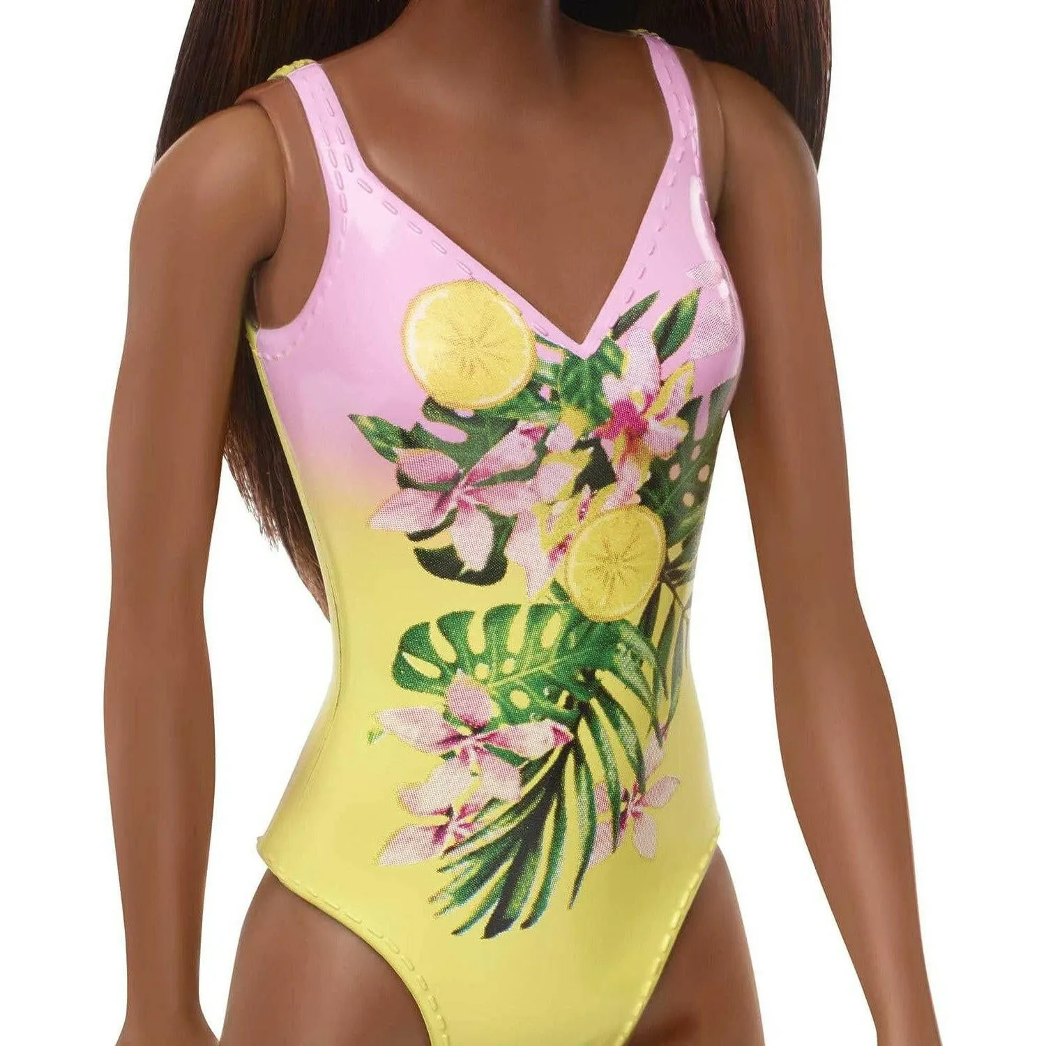 Barbie Doll Features Long Brunette Hair And Stylish Floral Swimsuit