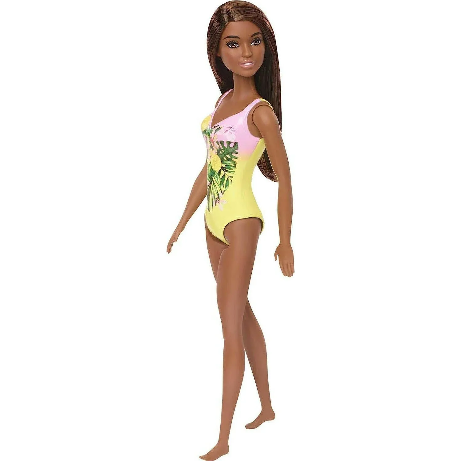 Barbie Doll Features Long Brunette Hair And Stylish Floral Swimsuit
