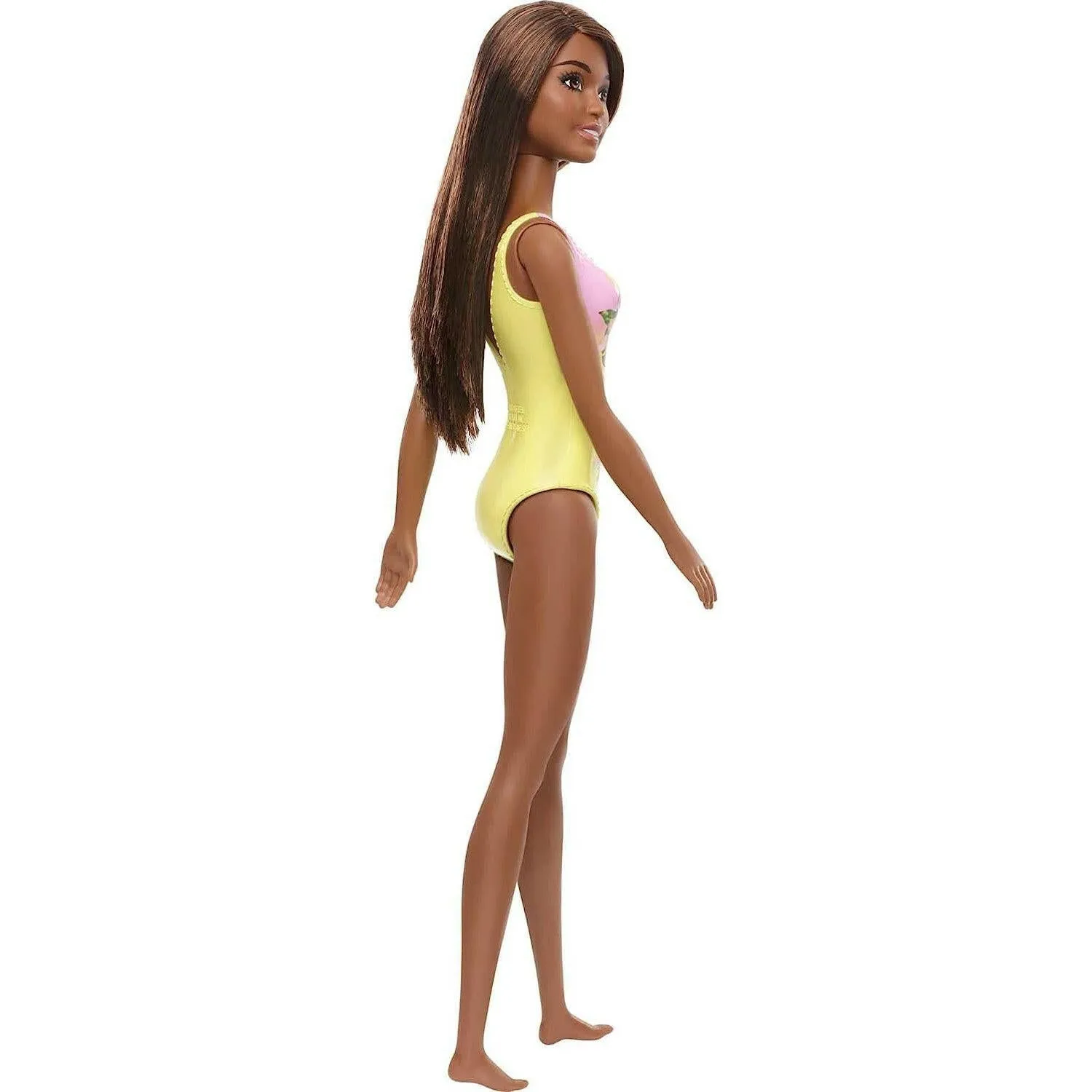 Barbie Doll Features Long Brunette Hair And Stylish Floral Swimsuit