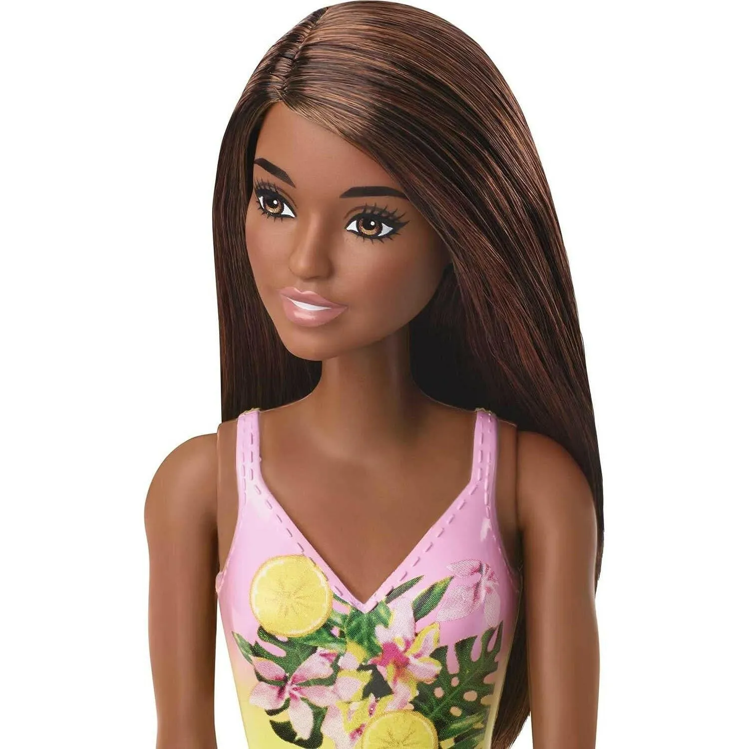 Barbie Doll Features Long Brunette Hair And Stylish Floral Swimsuit