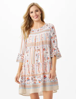 Mixed Pattern Baby Doll Dress with 3/4 Sleeves